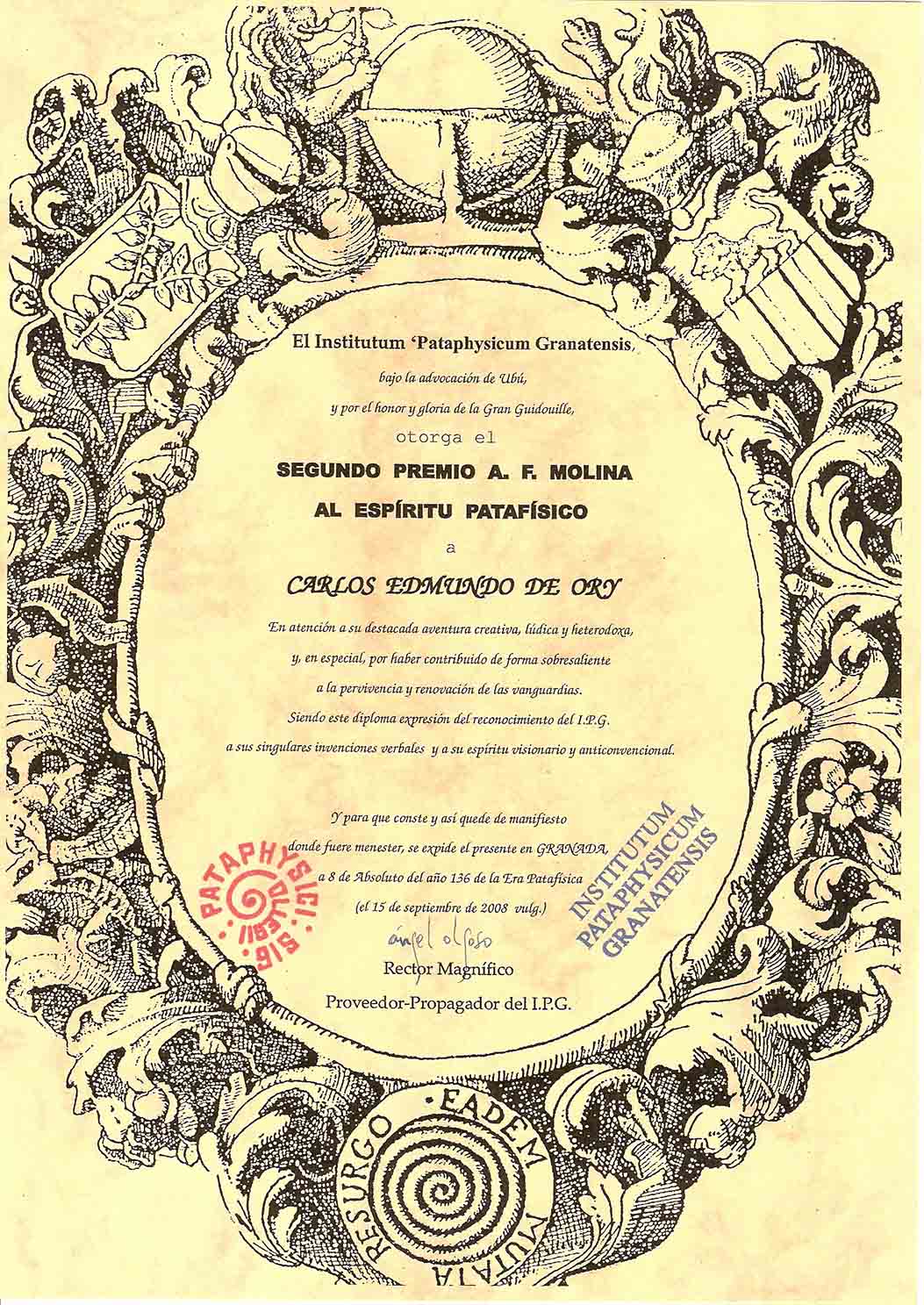 Diploma del premiado Carlos Edmundo de Ory